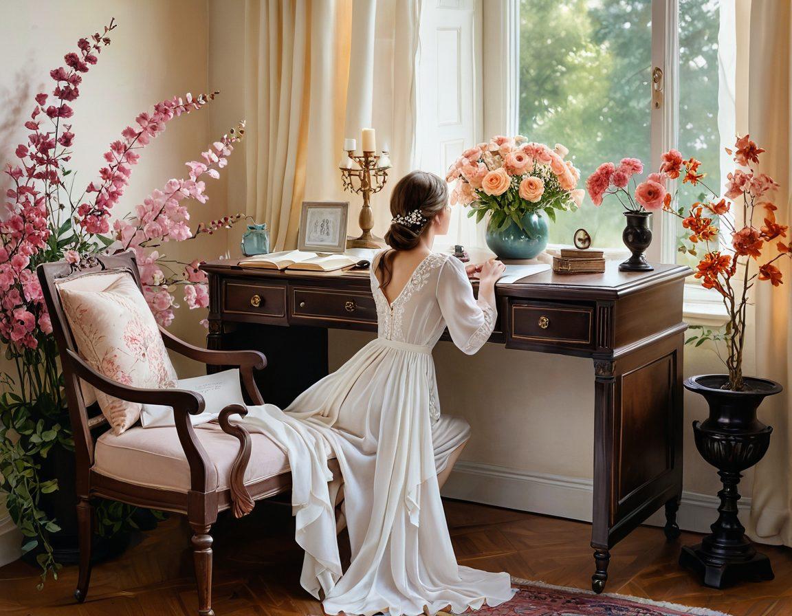 A serene landscape with a vintage-style writing desk adorned with an ink pot and quill, surrounded by blooming flowers symbolizing femininity. In the background, a silhouette of a woman reading poetry, with soft sunlight illuminating her figure. Delicate motifs of verses swirling in the air, representing Akhmatova's artistic essence. Elegant colors with a dreamy atmosphere. watercolor style. soft pastels. ethereal lighting.
