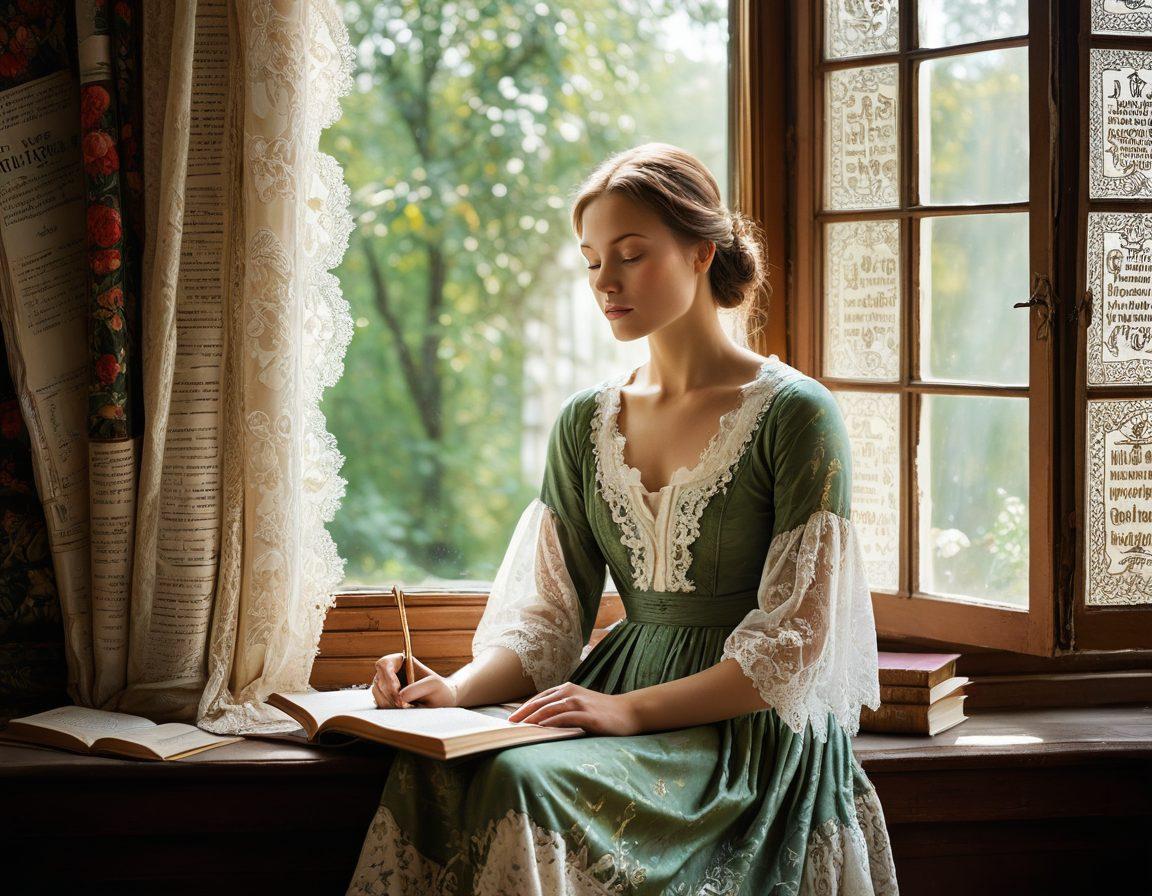 A serene portrait of a Russian woman seated by a window, surrounded by books and ancient poetry texts, with delicate sunlight filtering through lace curtains. In the background, lush landscapes evoke the essence of Russian nature, while her thoughtful gaze reflects the depth of feminine expression in art and literature. Include symbolic elements like ink and quill, and soft flowers to enhance the poetic ambiance. vibrant colors. painting.